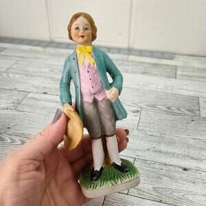 Colonial Man Holding Hat Figurine 6" Tall Green Jacket Yellow‎ Tie Home Decor